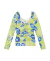 Ganni Printed Mesh U-neck Ruched Blouse In Multicolor