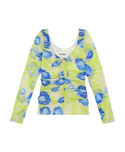 Ganni Printed Mesh U-neck Ruched Blouse In Green