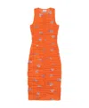 Ganni + Net Sustain Ruched Floral-print Stretch Recycled-mesh Dress In Orange