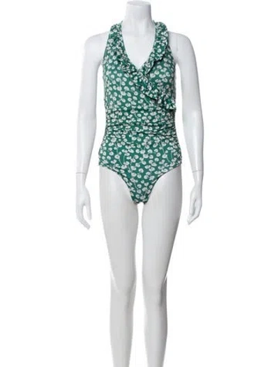 Pre-owned Ganni Floral Print Ruffle Embellishment One-piece In Green