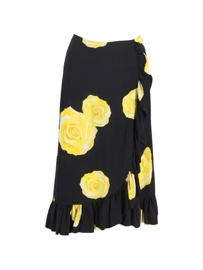 Pre-owned Ganni Floral-print Ruffled-hem Midi Skirt In Black