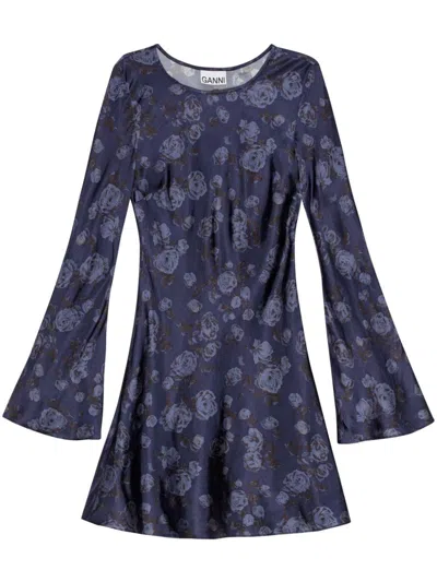 Ganni Floral-print Satin Mini Skater Dress In Blue