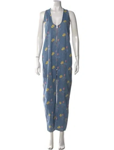 Pre-owned Ganni Floral Print Scoop Neck Jumpsuit In Blue