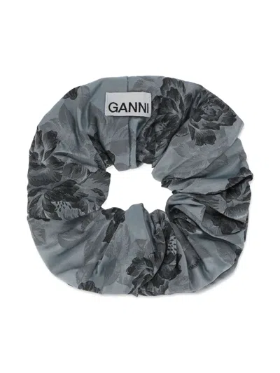 Ganni Floral-print Scrunchie In Blue