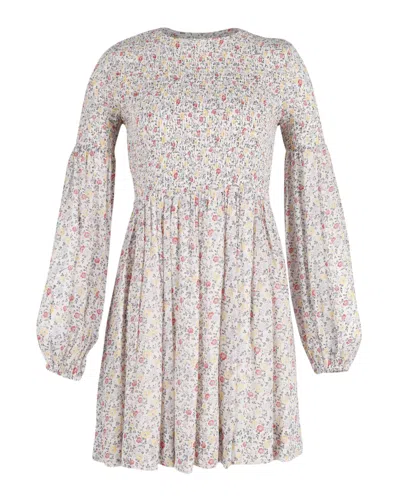 Ganni Floral Print Shirred Georgette Mini Dress In Multicolor Viscose