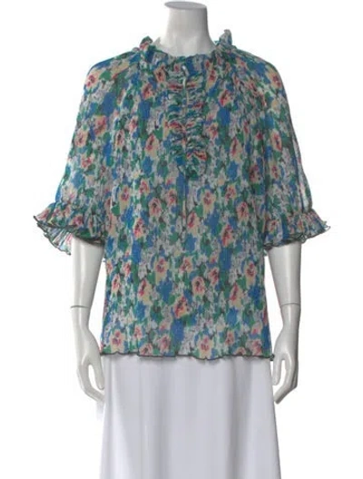 Pre-owned Ganni Floral Print Short Sleeve Blouse In Blue