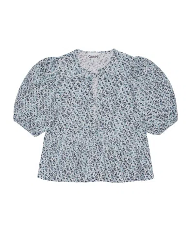 Ganni Floral-print Short-sleeve Blouse In Gray