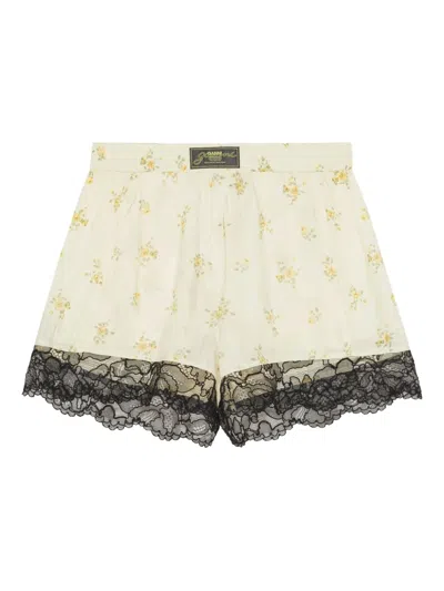 Ganni Womens Antique White Floral-print Lace-trim Woven Shorts In Yellow