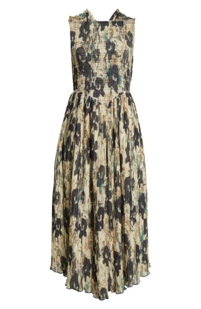 Ganni Floral Print Smocked & Pleated Midi Dress In Afterglow