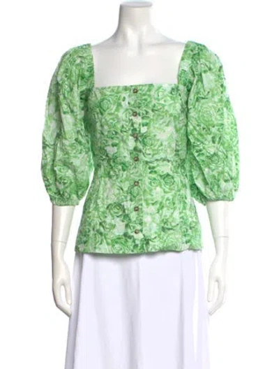 Pre-owned Ganni Floral Print Square Neckline Blouse In Green