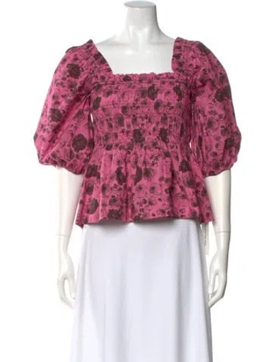 Pre-owned Ganni Floral Print Square Neckline Blouse In Pink