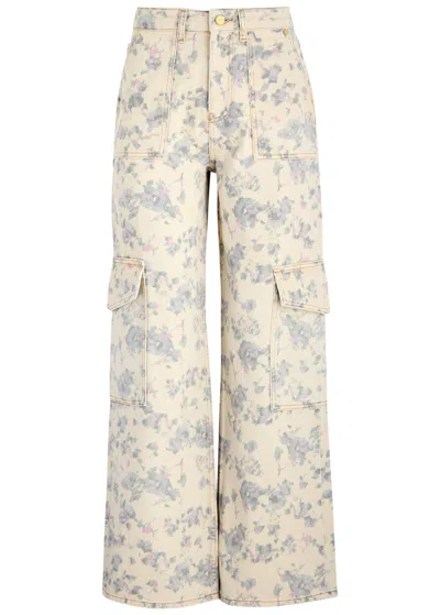 Ganni Floral-print Straight-leg Cargo Jeans In Beige