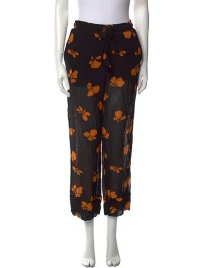 Pre-owned Ganni Floral Print Straight Leg Pants In Black