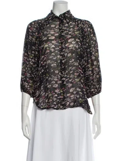 Pre-owned Ganni Floral Print Three-quarter Sleeve Blouse In Black