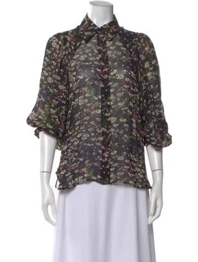 Pre-owned Ganni Floral Print Three-quarter Sleeve Blouse In Black