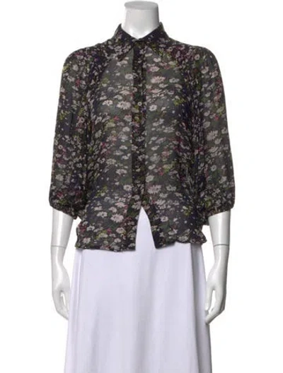 Pre-owned Ganni Floral Print Three-quarter Sleeve Blouse In Black