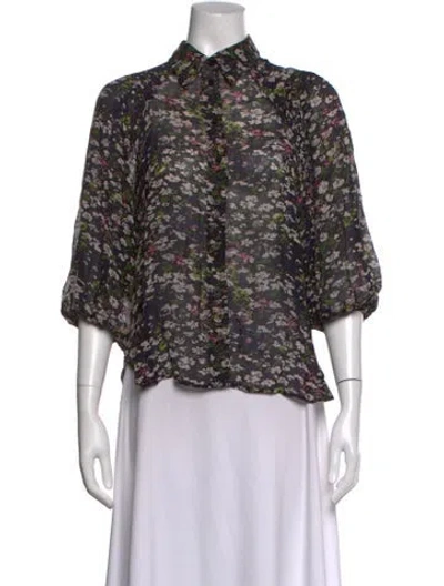 Pre-owned Ganni Floral Print Three-quarter Sleeve Blouse In Blue