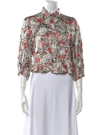 Pre-owned Ganni Floral Print Three-quarter Sleeve Blouse In Neutral