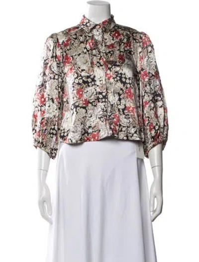 Pre-owned Ganni Floral Print Three-quarter Sleeve Blouse In Neutrals