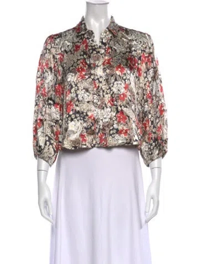 Pre-owned Ganni Floral Print Three-quarter Sleeve Blouse In Neutrals