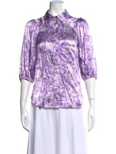 Pre-owned Ganni Floral Print Three-quarter Sleeve Blouse In Purple