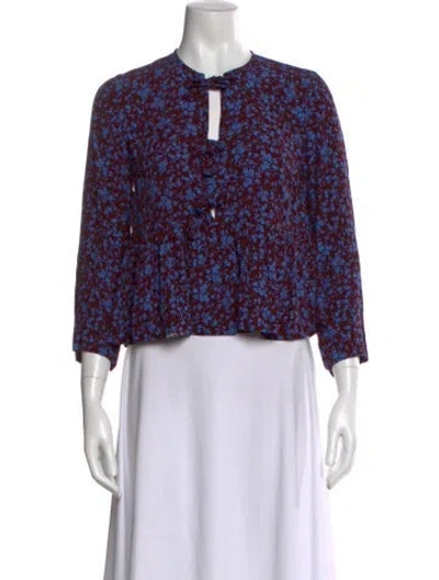 Pre-owned Ganni Floral Print Tie Neck Blouse In Blue