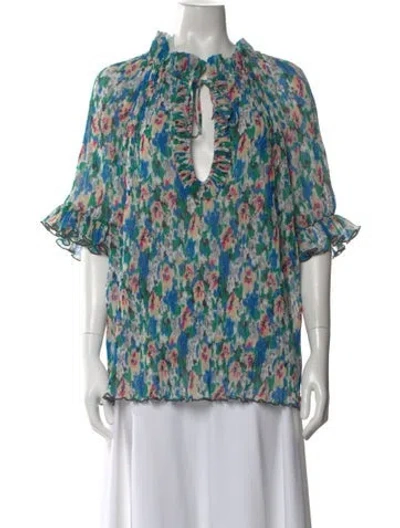 Pre-owned Ganni Floral Print Tie Neck Blouse In Blue
