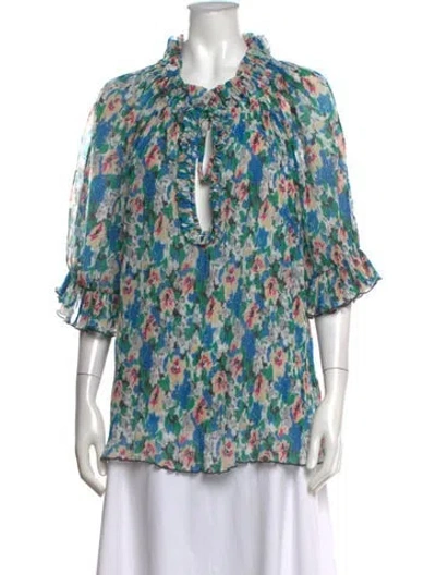 Pre-owned Ganni Floral Print Tie Neck Blouse In Blue