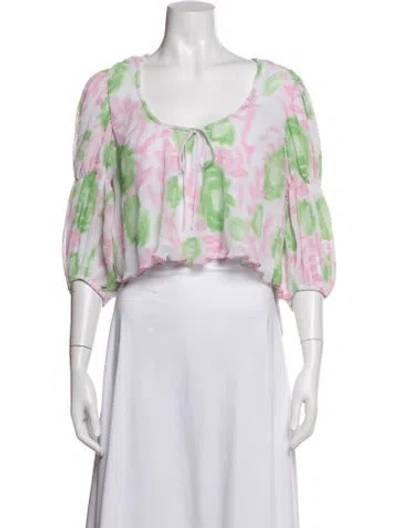 Pre-owned Ganni Floral Print Tie Neck Blouse In Green/pink