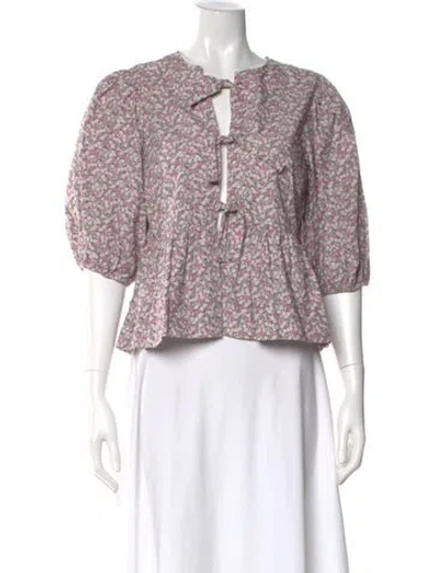 Pre-owned Ganni Floral Print Tie Neck Blouse In Multi
