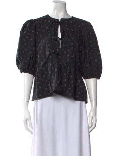 Pre-owned Ganni Floral Print Tie Neck Blouse In Multi