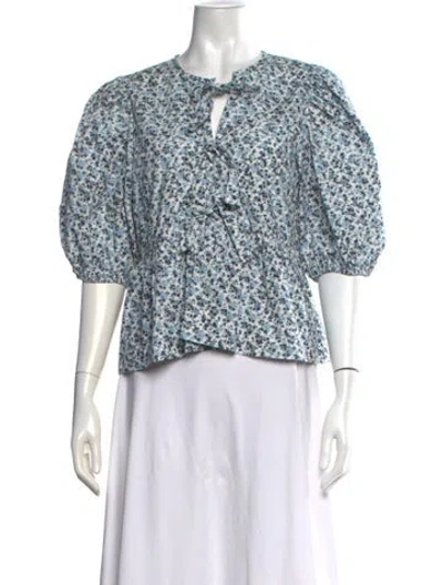 Pre-owned Ganni Floral Print Tie Neck Blouse In Neutrals/pink