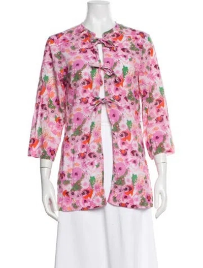 Pre-owned Ganni Floral Print Tie Neck Blouse In Pink