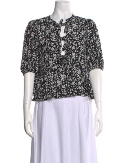 Pre-owned Ganni Floral Print Tie Neck Blouse W/ Tags In Black