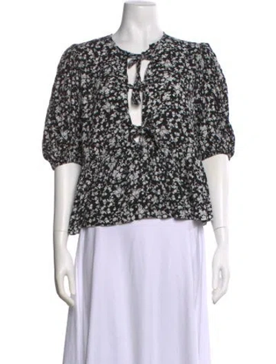 Pre-owned Ganni Floral Print Tie Neck Blouse W/ Tags In Black