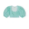 Ganni Printed Cotton Cropped Zipper Blouse In Green