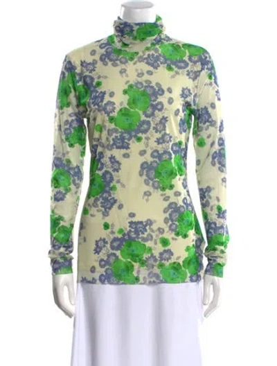 Pre-owned Ganni Floral Print Turtleneck Sweatshirt In Green