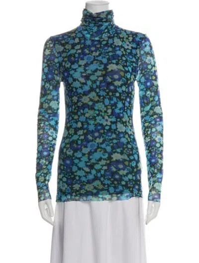 Pre-owned Ganni Floral Print Turtleneck Top In Green