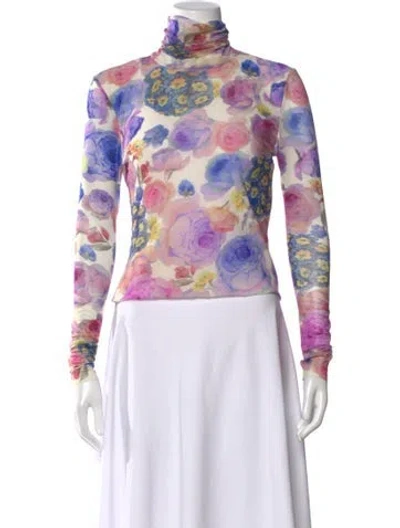 Pre-owned Ganni Floral Print Turtleneck Top In White