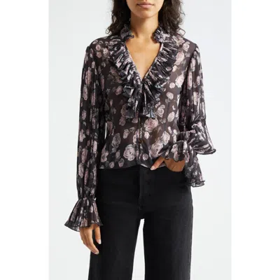 Ganni Floral Print V-neck Shirt In Phantom