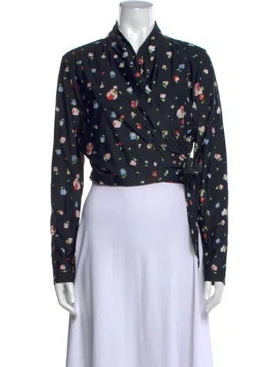 Pre-owned Ganni Floral Print V-neck Blouse In Black