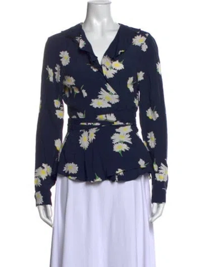 Pre-owned Ganni Floral Print V-neck Blouse In Blue