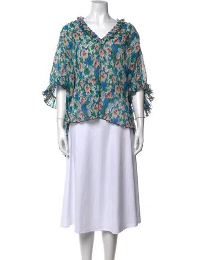 Pre-owned Ganni Floral Print V-neck Blouse In Blue