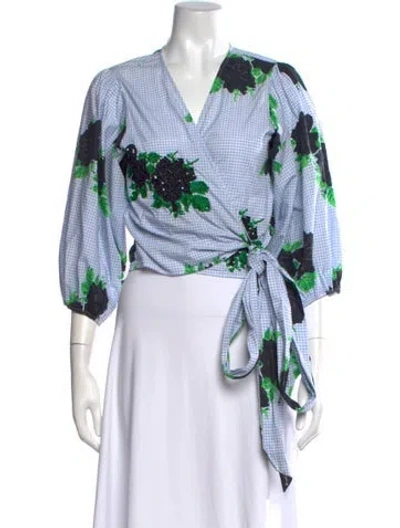 Pre-owned Ganni Floral Print V-neck Blouse In Blue