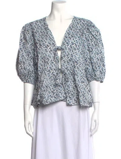 Pre-owned Ganni Floral Print V-neck Blouse In Blue