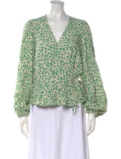 Pre-owned Ganni Floral Print V-neck Blouse In Green