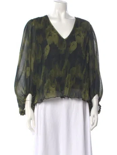 Pre-owned Ganni Floral Print V-neck Blouse In Green