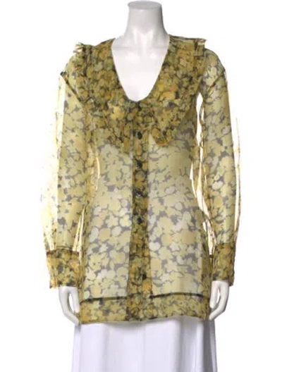 Pre-owned Ganni Floral Print V-neck Blouse In Green