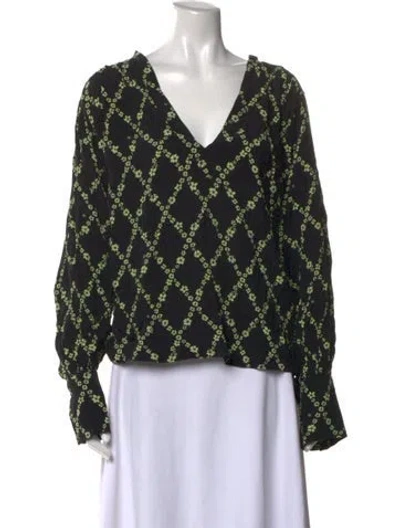 Pre-owned Ganni Floral Print V-neck Blouse W/ Tags In Black