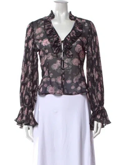 Pre-owned Ganni Floral Print V-neck Blouse W/ Tags In Black